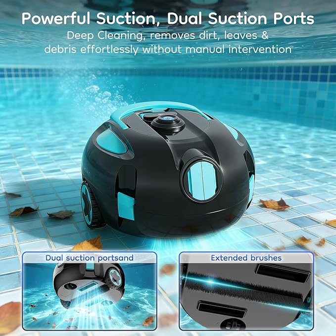Robotic Pool Cleaner, Powerful Robotic Cleaner with Dual Suction Inlets, Cordless Automatic Pool Cleaner for In-Ground & Above Ground Pools, 130-Min Runtime, Lightweight Design with Auto Park Feature