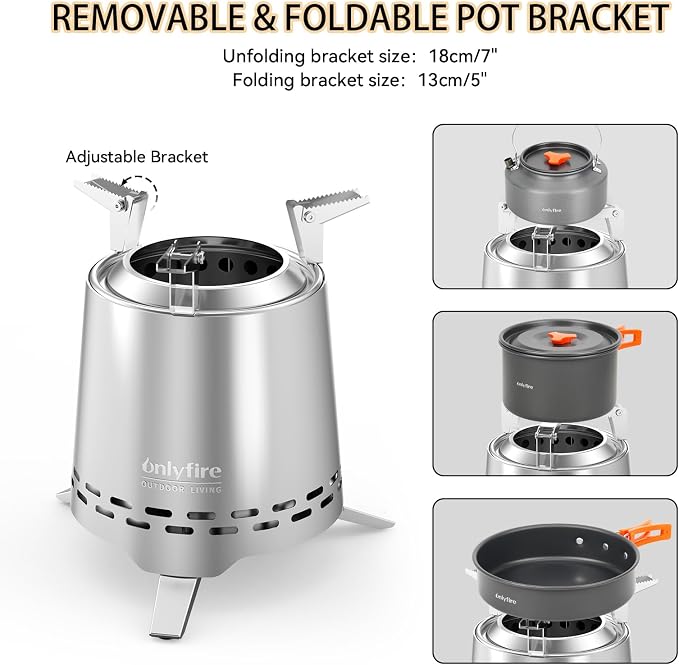 2 in 1 Portable Fire Pit with Pot Bracket & Carry Bag, 9” Tabletop Fireplace, Wood Burning Camping Stove for Patio Backyard RV Tailgating, Stainless Steel, Silver FP045