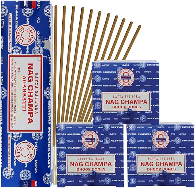 Nag Champa Incense Sticks 100g and Cones Variety Pack with Burner Holder Bundle from Satya Incense 100g Trumiri for Smudging and Aroma