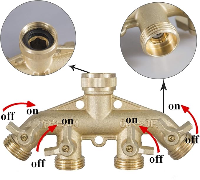 Hourleey Brass Garden Hose Splitter (4 Way), Solid Brass Hose Connector 3/4", Hose Spigot Adapter 4 Valves with 4 Extra Rubber Washers