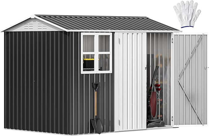 DWVO 8x6ft Metal Outdoor Storage Shed with Window, Lockable Tool Storage Sheds, Oversized Steel Garden Sheds with Sloped Roof for Backyard, Patio, Garage, Lawn (Gray + White)