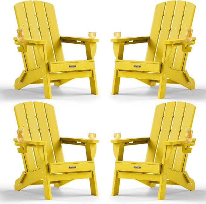 Folding Adirondack Chair Set of 4, HDPE Adirondack Chairs with 2 Cup Holder, Plastic All-Weather Fire Pit Chairs, Outdoor Lawn Chair for Patio Garden (Yellow)