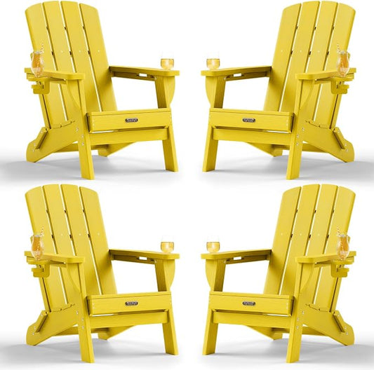 Folding Adirondack Chair Set of 4, HDPE Adirondack Chairs with 2 Cup Holder, Plastic All-Weather Fire Pit Chairs, Outdoor Lawn Chair for Patio Garden (Yellow)