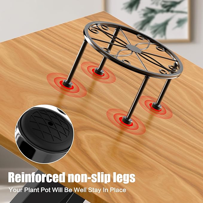 Garden Gifts Plant Lovers Gifts Black Metal Plant Stand with Anti-Slip Base Rustproof Heavy Duty Decorative Round Flower Stand Display Shelf for Indoor/Outdoor (Diameter: 9in Height: 4.8in)