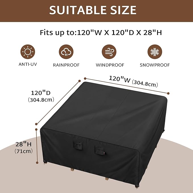 iBirdie Outdoor Patio Furniture Set Covers 120 x 120 inch Waterproof Weatherproof Square Cover, Heavy Duty 600D for Outside Dining Table and Chairs fit 10 x 10 ft, 118 x 118, 115 x 115 inch