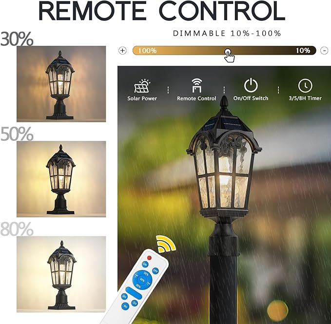 Emliviar 17.3 Inch Solar Lamp Post Light in Black Finish, Dusk to Dawn Outdoor Light Fixture with Remote Control, Pole Light with Water Grain Glass Shade, LED Bulb Included, YXE302P-SL BK