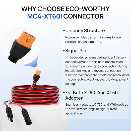 ECO-WORTHY Solar to XT60i Cable 12AWG 10FT Extension Cable Solar Connector to XT60i Adapter Cable for Portable Power Station LiFePO4 Battery