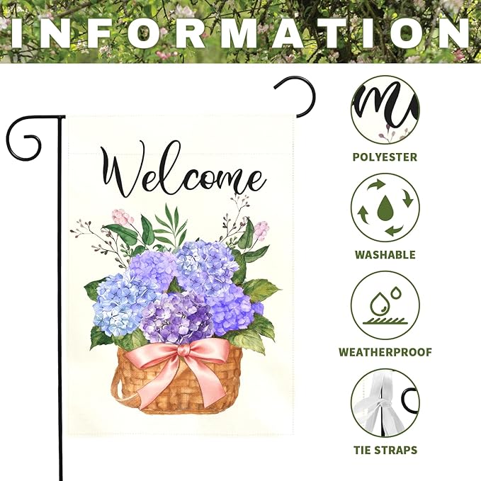 Hydrangea Spring Garden Flag Welcome Summer Yard Flags Blue Hydrangeas Floral Basket Double Sided House Banners Front Porch Patio Lawn Seasonal Flowers Outside Yard Outdoor Decor 12x18 Inch