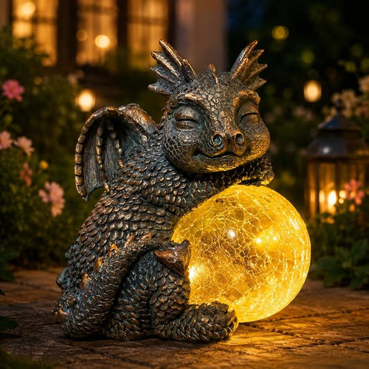 WONDER GARDEN Dragon Statue - Sleeping Dragon Figurines Solar Light Resin Garden Statues with Crackled Glass Globe Outdoor Waterproof Lawn Ornament Decor