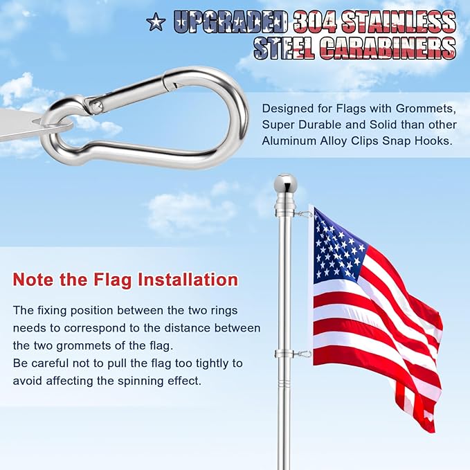 Flag Pole for House, REERON 6 FT Stainless Steel Spinning Flagpole Kit, 1" Rustproof Porch Flagpole with 360° Tangle Free Metal Flagpole Ring for Residential Outdoor Sport for 3x5 Flag, Without Holder