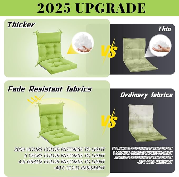 Sintuff 4 Pcs 44 x 21 x 4 Patio Chair Cushions Outdoor Chair Cushion Seat/Back Tufted Pillow with Ties Water Resistant Replacement Indoor Patio Furniture Outdoor Furniture (Solid Color,Fruit Green)