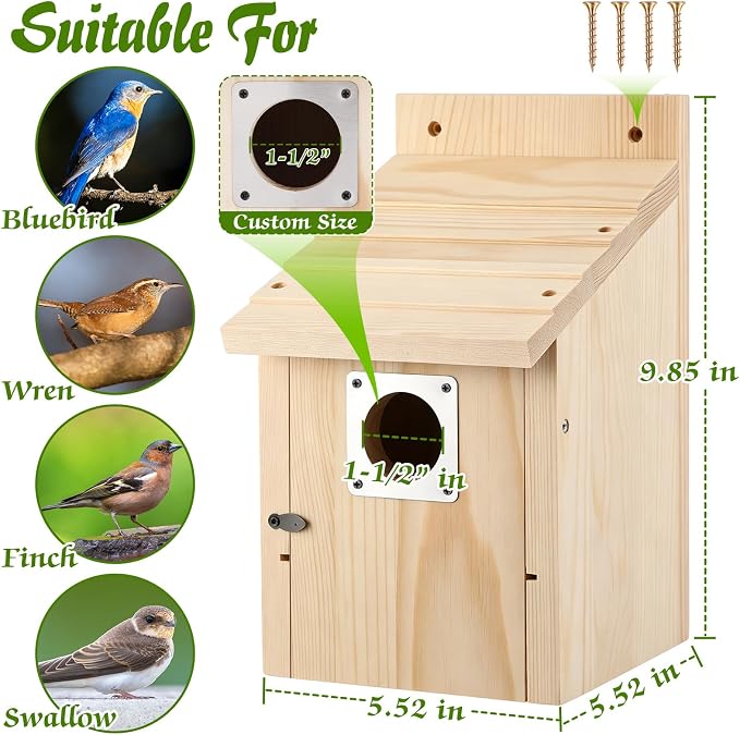 Dreyoo 8 Pack Bluebird Houses for Outside with Metal Predator Guard, 1-1/2" Entrance Hole Wooden Blue Bird Houses for Outdoors, Bluebird Nesting Box with Screwdriver(Wood Color)