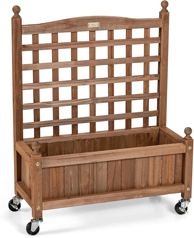 Giantex Set of 2 Mobile Plant Raised Bed, Wood Planter with Lattice Trellis and Wheels, Flower Box for Plant Climbing, Vertical Garden for Balcony Patio Yard, 25"x 11"x 32.5"