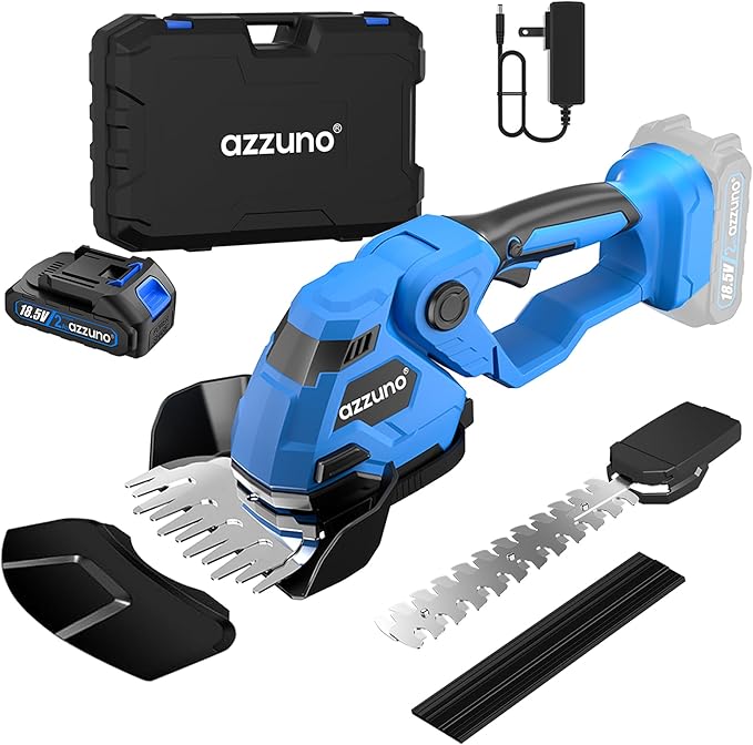 AZZUNO Hedge Trimmer Cordless, 21V Battery Powered Electric Hedge Trimmer Grass Shears with Battery and Charger Included, 2-in-1 Handheld Grass Cutter Shrub Trimmer for Gardens, Yards, Lawns