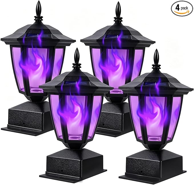 Dynaming Solar Flame Post Cap Lights Outdoor, Halloween Flickering Purple Flame Post Lights, Solar Powered LED Lantern Waterproof for Garden Deck Fence Patio, Fit 4x4, 5x5 or 6x6 Wooden Posts, 4 Pack