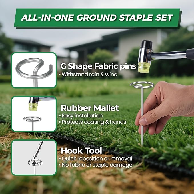 6 Inch Landscape Fabric Staples, 50Pcs Garden Stakes Galvanized +Pick Hook +Rubber Mallet, G Shaped Weed Barrier Stakes 11 Gauge Lawn Staples Landscape Pins for Yard, Sod, Weed Mat