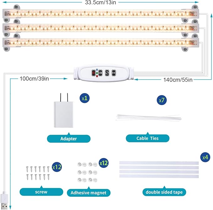 Hywyimlait 3 Head LED Grow Light Strips for Indoor Plants Full Spectrum 3500K, 144 LEDs Plant Light Bar with 3/9/12H Timer, 10 Dimmable Levels for Seedling Succulent, 13 Inches