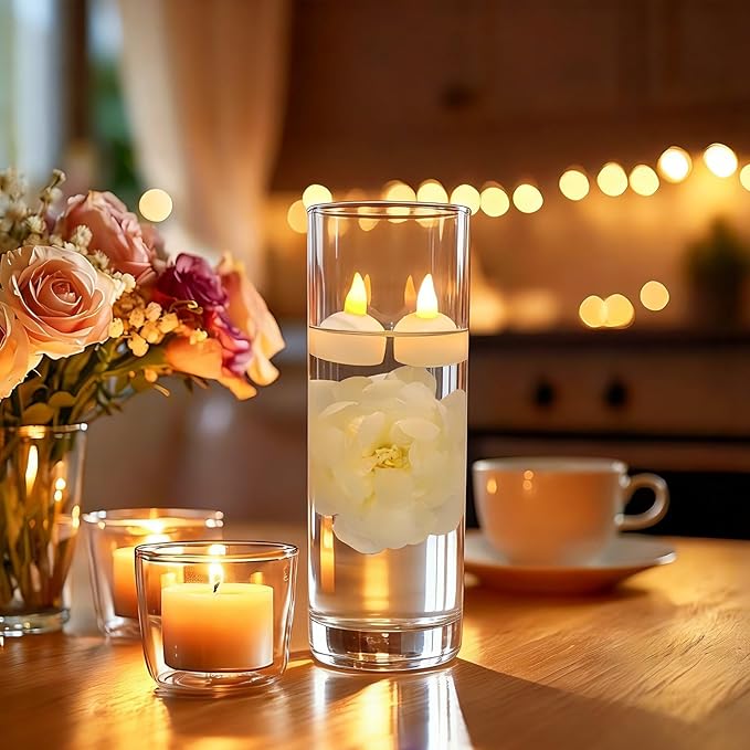 24 Pack Flameless Floating Candles and Floating Artificial Flower Led Battery Operated Waterproof Tea Lights for Cylinder Vases Centerpieces at Wedding, Party, Pool Decor White