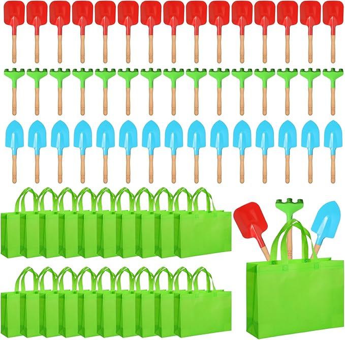 Liliful 60 Pcs Kids Gardening Tools Set Garden Rake Garden Shovel Gardener Trowel Green Tote Bags Metal Mini Gardening Tools with Wooden Handle Beach Sandbox Toy for Planting Loosening Digging