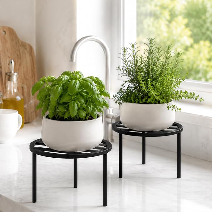 TOSKING 2-Pack Heavy Duty Metal Plant Stand Holds 120 lbs –10.2" Modern Minimalist Slatted Top Stand for Medium to Large Pots, Adjustable Leveling Feet & Rustproof Finish, Indoor/Outdoor, Black (10.2"D x 7.9"H)