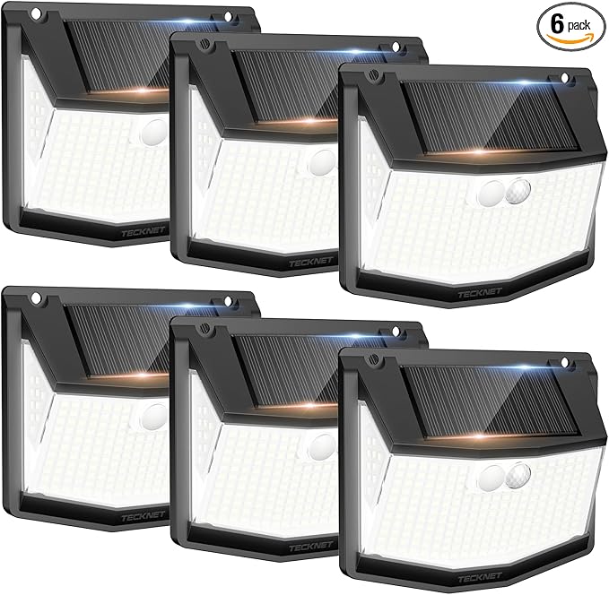 TECKNET 248 LED Outdoor Solar Lights & Motion Sensor 6 Pack, 300° Angle & 3 Lighting Modes Solar Lights Outdoor Waterproof, Solar Powered Security Flood Wall Lights IP66 for Outside/Yard Fence/Garden