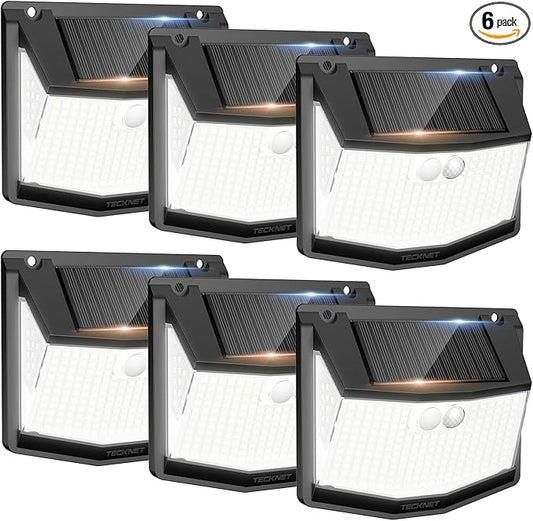 TECKNET 248 LED Outdoor Solar Lights & Motion Sensor 6 Pack, 300° Angle & 3 Lighting Modes Solar Lights Outdoor Waterproof, Solar Powered Security Flood Wall Lights IP66 for Outside/Yard Fence/Garden