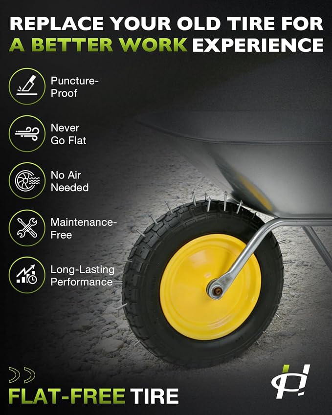 4.80/4.00-8 wheelbarrow tire, 16" Flat Free Solid Tire and Wheel, 3" Centered Hub, 5/8" & 3/4" Bearings, Universal Replacement for Garden Carts Wagon Wheel Barrow, 1 Pack