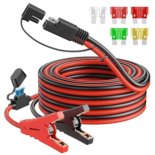 CASMAN 10FT SAE to Battery Alligator Clips Cable,12V SAE 2Pin Quick Disconnect Crocodile Cable with 15A Fuse for Solar Power, BatteryMotorcycleCarRVTruckWater Resistant (10AWG 10FT)