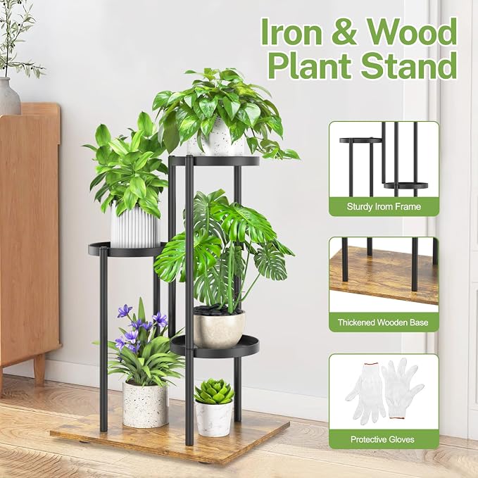 iDavosic.ly Plant Stand for Indoor Outdoor Set of 2, 4 Tier Metal Flower Pot Display Holder Shelf and 3 Layer Tall Corner Orchid Rack for House Patio Balcony Garden Living Room Porch, Black