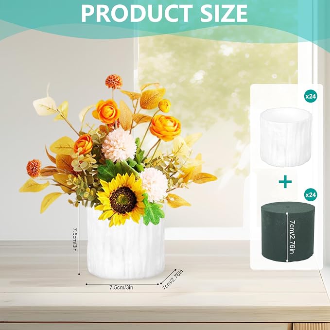 24 Set Plastic Cylinder Planter Box Round Plastic Flower Box with Removable Foam Blocks Liner White Round Vase for Centerpiece Home Wedding Garden Craft Decor (White Bark)
