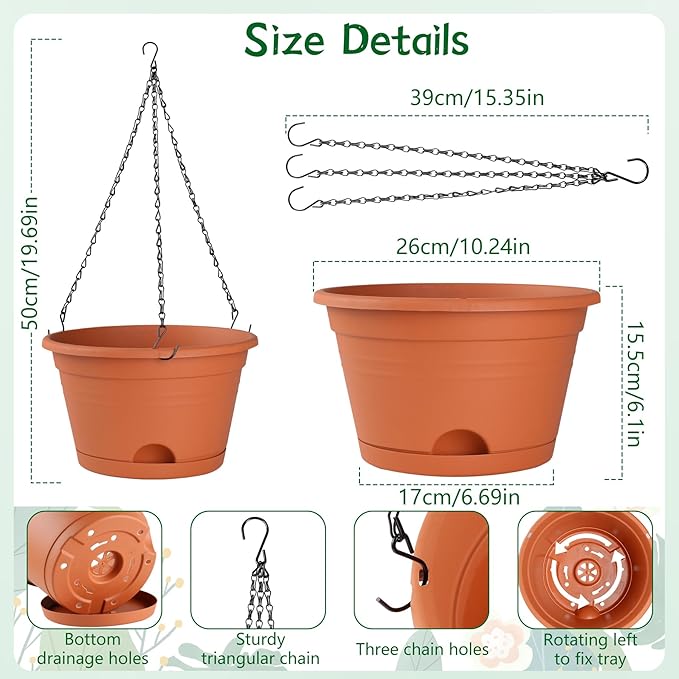 Nooulap 4 Pack Hanging Planters, 10 Inch Hanging Plant Pot with Hanger Chain & Drainage Trays, Hanging Baskets for Plants Outdoor Indoor, Plastic Flowers Pots for Home, Garden Decor (Red)