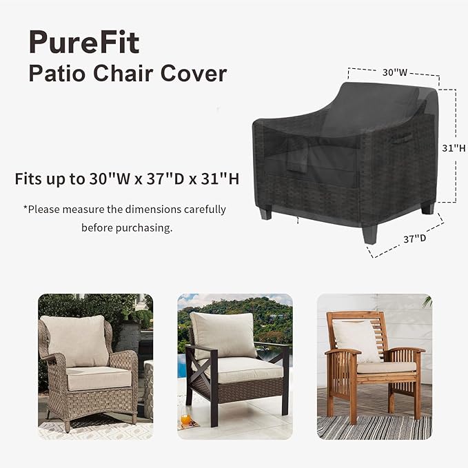 PureFit Outdoor Chair Covers Waterproof Patio Furniture Lawn Chair Covers for Outdoor Furniture with Air Vent and Padded Handles, Fits up to 30W x 37D x 31H Inches, Black