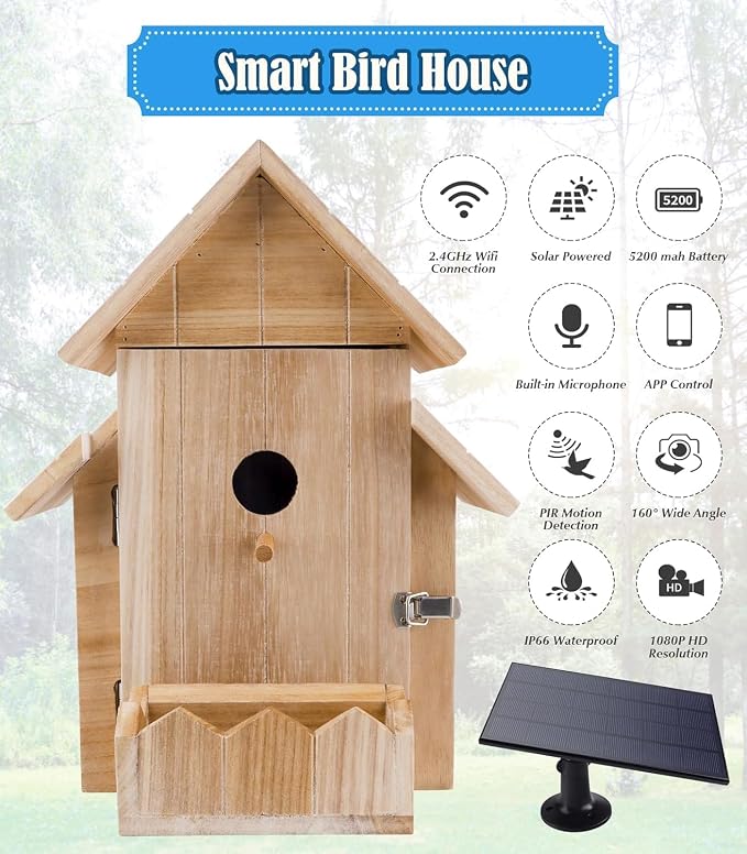 Bird House with Camera, 1080p HD Bird Houses for Outside with Nest Auto Capture Photo & Video, Smart Bird House with Camera Solar Powered 2.4G WiFi & App Notify in Real Time Dark Color (Light, Normal)