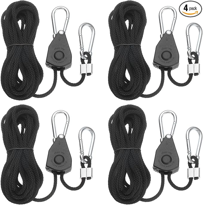 uxcell 4 Pairs 1/8" Adjustable Rope Hanger, 16.4ft(5 Meter) Heavy Duty Ratchet Tie Down Strap with Rope Clip Hanger for Hanging Plants, Grow Light and Various Tie-Down Uses, Black