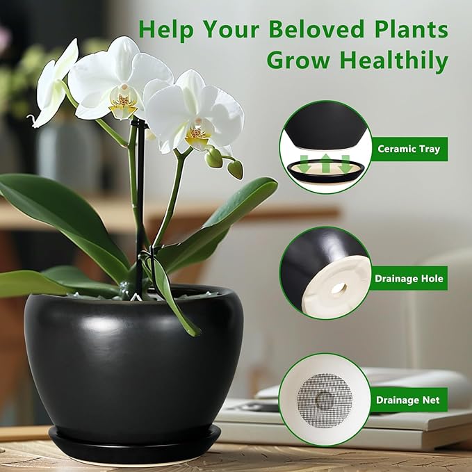 Ceramicfor Ceramic Planter Pot - 8 Inch Plant Pot with Drainage Hole and Saucer Round Planter for Indoor Plants Modern Outdoor Flower Pot for House Balcony Black
