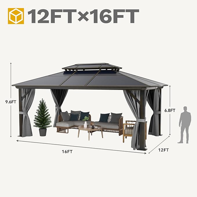 DWVO 12x16FT Gazebo Double Roof Canopy Outdoor Hardtop with Netting and Shaded Curtains, Aluminum Frame Polycarbonate Hardtop Garden Tent for Patio, Backyard, Deck and Lawns, Gray