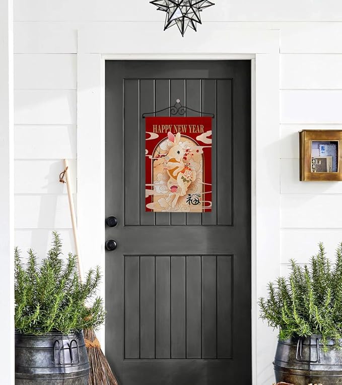 Lunar New Year of Rabbit Dorm Decor Banner Wall Art Flag Pole Patio Lawn Garden Room Decorations Indoor Outdoor Tapestry Yard Signs Spring Gifts Luck Arrive Chinese New Year Decorations Made in USA