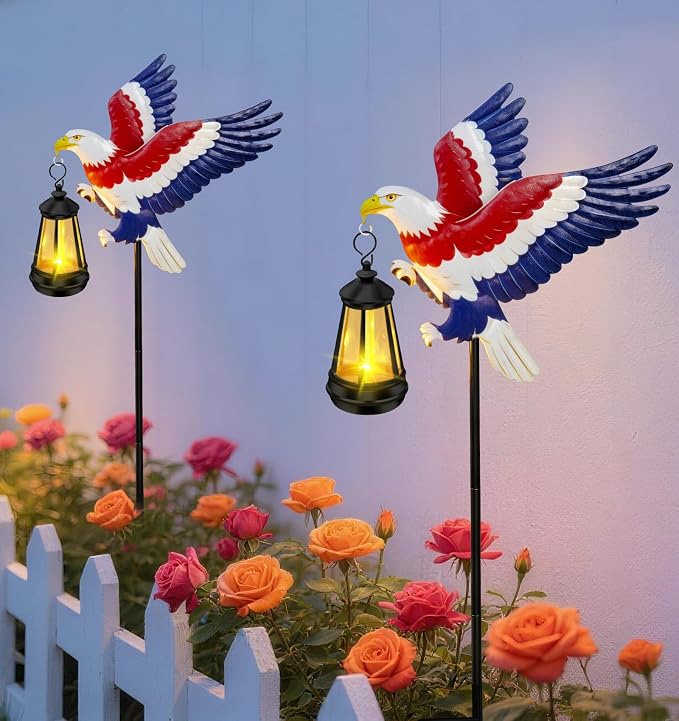 ZFNN 4th of July Decorations Outdoor Solar Lights, Solar Eagle Garden Lights with Lantern, Patriotic Eagle Stake Light for Yard Lawn Garden Patio, Patriotic Decor for Memorial Day Veterans Day 2 Pack