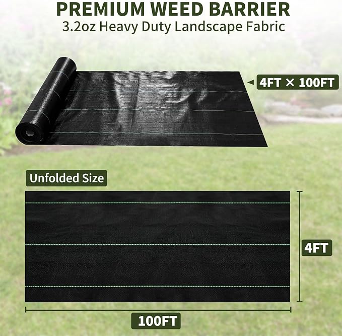 EXTRAEASY 4ft x 100ft Weed Barrier Fabric, Heavy Duty Landscape Fabric, 3.2oz Weed Control Fabric, Tear-Resistant Weed Blocker Ground Cover for Garden, Gravel, Driveway, Flower Bed