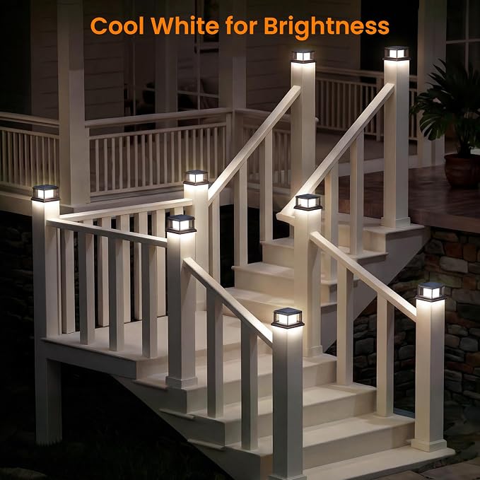 Mlambert 4 Pack Solar Post Lights Outdoor, 2 Modes LED Fence Cap Light for 4x4 Post, Waterproof Deck Light Patio Garden Decor, Warm/Cool White, Brown