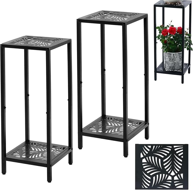 Party Zealot 2 Packs of 2-Tier Tall Metal Square Plant Stand 31” Heavy-Duty Modern Flower Pot Rack for Indoor Living Room, Corner Side Table for Outdoor Patio, Garden Planter Holder, Black, Leaf