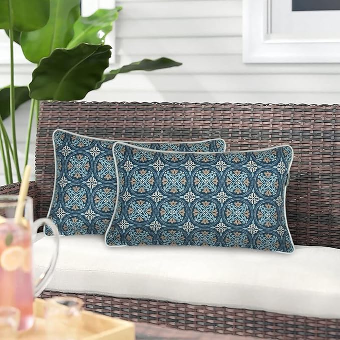 Magpie Fabrics Pack of 2 Outdoor Lumbar Pillow Case Covers 12"x20", Waterproof Rectangular Throw Pillowcase Shell Decorative Sham for Patio Garden Couch - Morgan Medal Blue