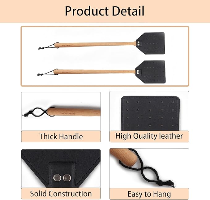 DEBETOOL Indoor Leather Fly Swatter - 2 Pack Long Handle Heavy Duty Fly Swatter with Hanging Rope, Wood Fly Swatter Manual for Kitchen/Home Indoor and Outdoor Flies