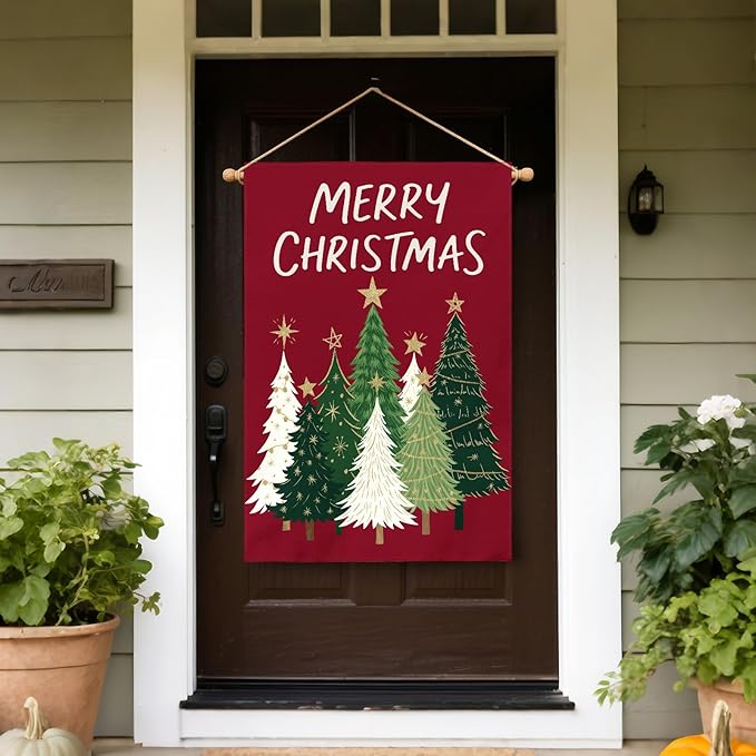 Merry Christmas House Flag 28x40 Inch Dark Red Green Xmas Tree Holiday Winter Decorative Garden Flags for Outside Double Sided Seasonal Outdoor Home Farmhouse Decoration Porch Yard New Year Decor