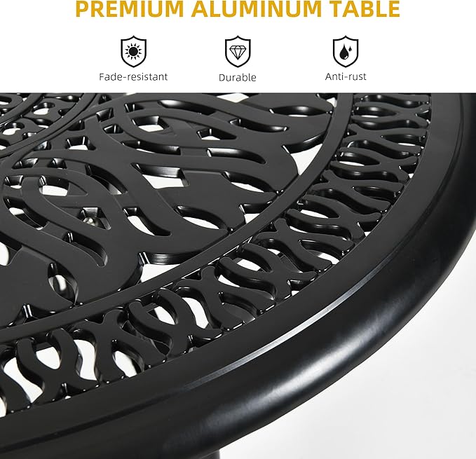 DWVO 35 Inch Outdoor Dining Table Cast Aluminum, Patio Round Bistro Table with Umbrella Hole for Backyard, Garden, Patio, Porch, Black