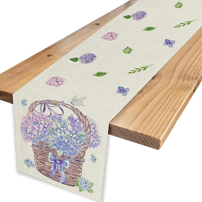 Blue Floral Table Runner, Rustic Watercolor Spring Summer Seasonal Hydrangea Flower Retro Coffee Country Table Center Decor for Family Kitchen and Dining Party Farmhouse Table Decorations, 13"x90"