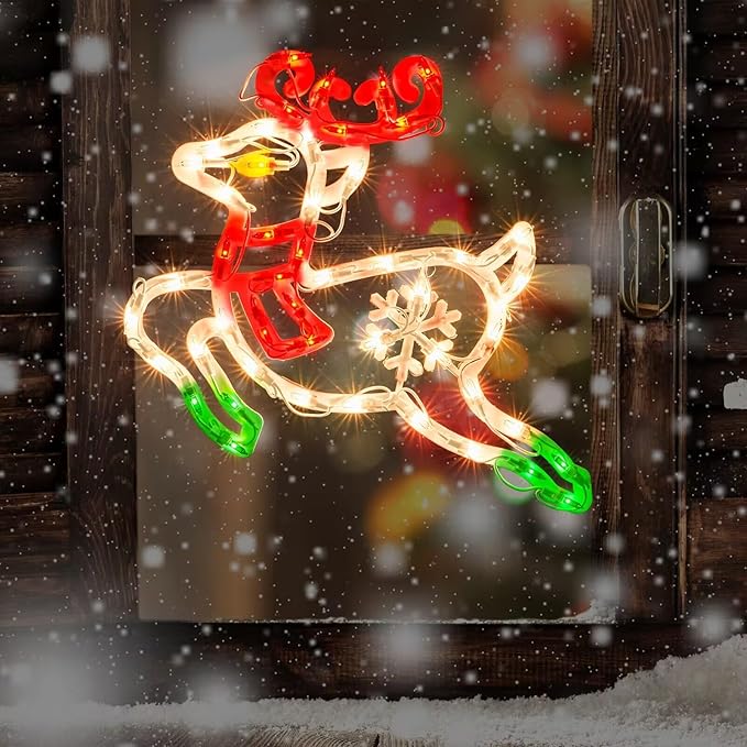 Christmas Window Silhouette Lights, Lighted Deer Double Sided Decorations with 50 Count Incandescent Mini Light for Holiday Indoor Wall Door Glass Decor
