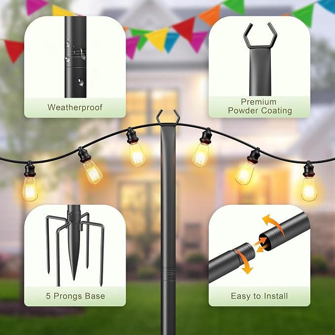 Jusgym String Light Poles for Outside, 10ft Adjustable Metal Poles for Outdoor String Lights Hanging Light, Outdoor Light Poles with Fork, for Patio, Deck, Backyard, Garden (4 Pack)