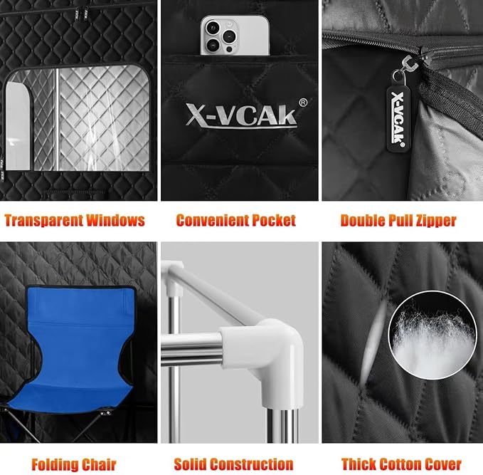 X-Vcak 2 Person Sauna, Extra Large Sauna, Portable Steam Sauna Tent with 2 Steamers, 2 Folding Chair, 71”x 49”x 36”, Black