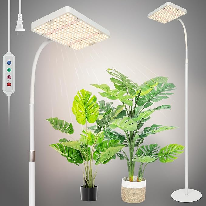 Floor Lamp Grow Light, Bright Grow Lights with Stand for Tall Plants, Bonsai Tree, 4/8/12/16/20H Timer, 25 Watt Power Draw, NO Need Adapter, 24"-76" Height, Daisy Chain Function